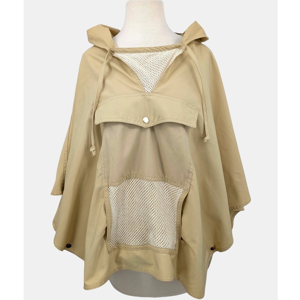 Vintage Anne Klein Hooded Fishing Poncho Cape Khaki Mesh Robinson Golluber OS